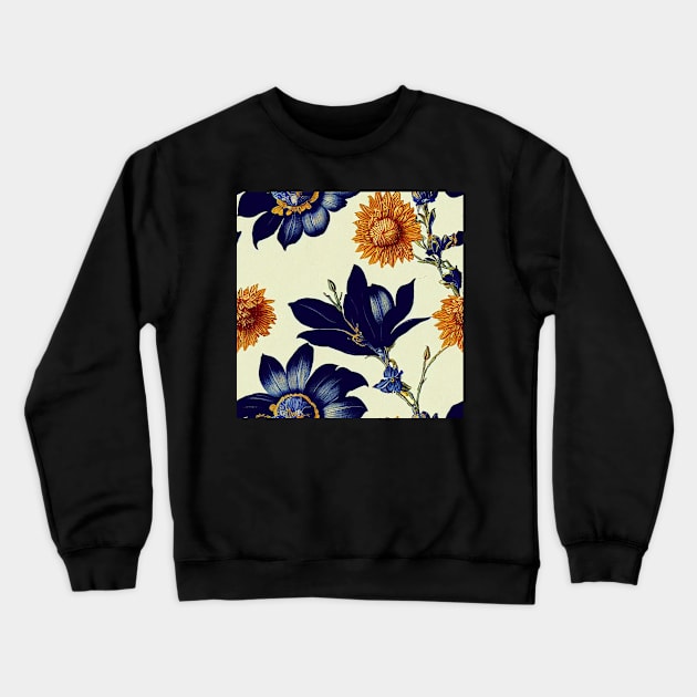 Deep Blue and Rust Autumn Orange Vintage Floral Crewneck Sweatshirt by VintageFlorals